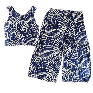 Rose+ Olive Blue and White Leaf Print Women's Set